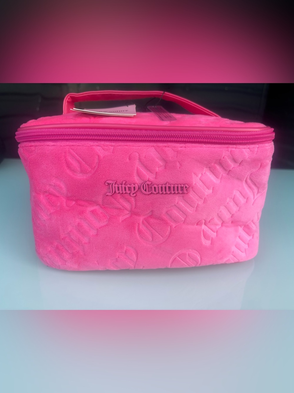 Juicy Couture Hot Pink Velvet Embossed Cosmetic Case with Handle